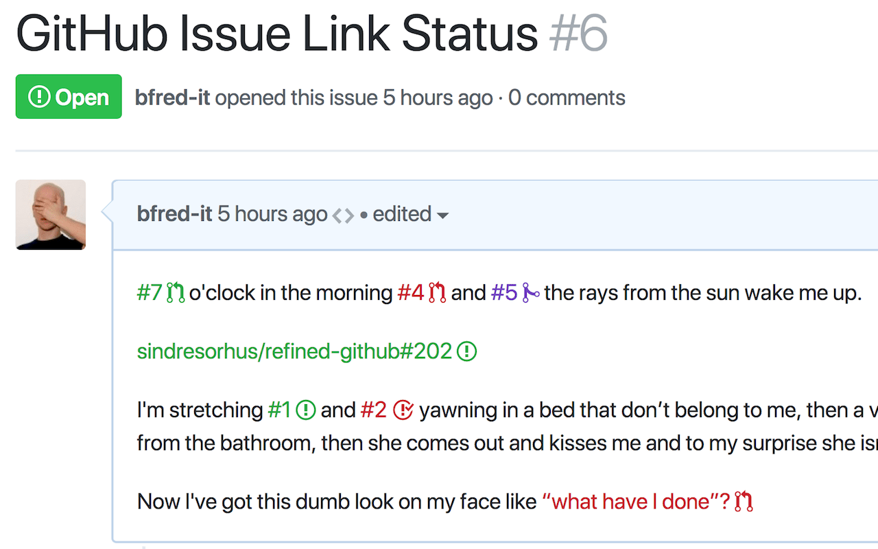 Issues and pull requests in a GitHub comment showing their status