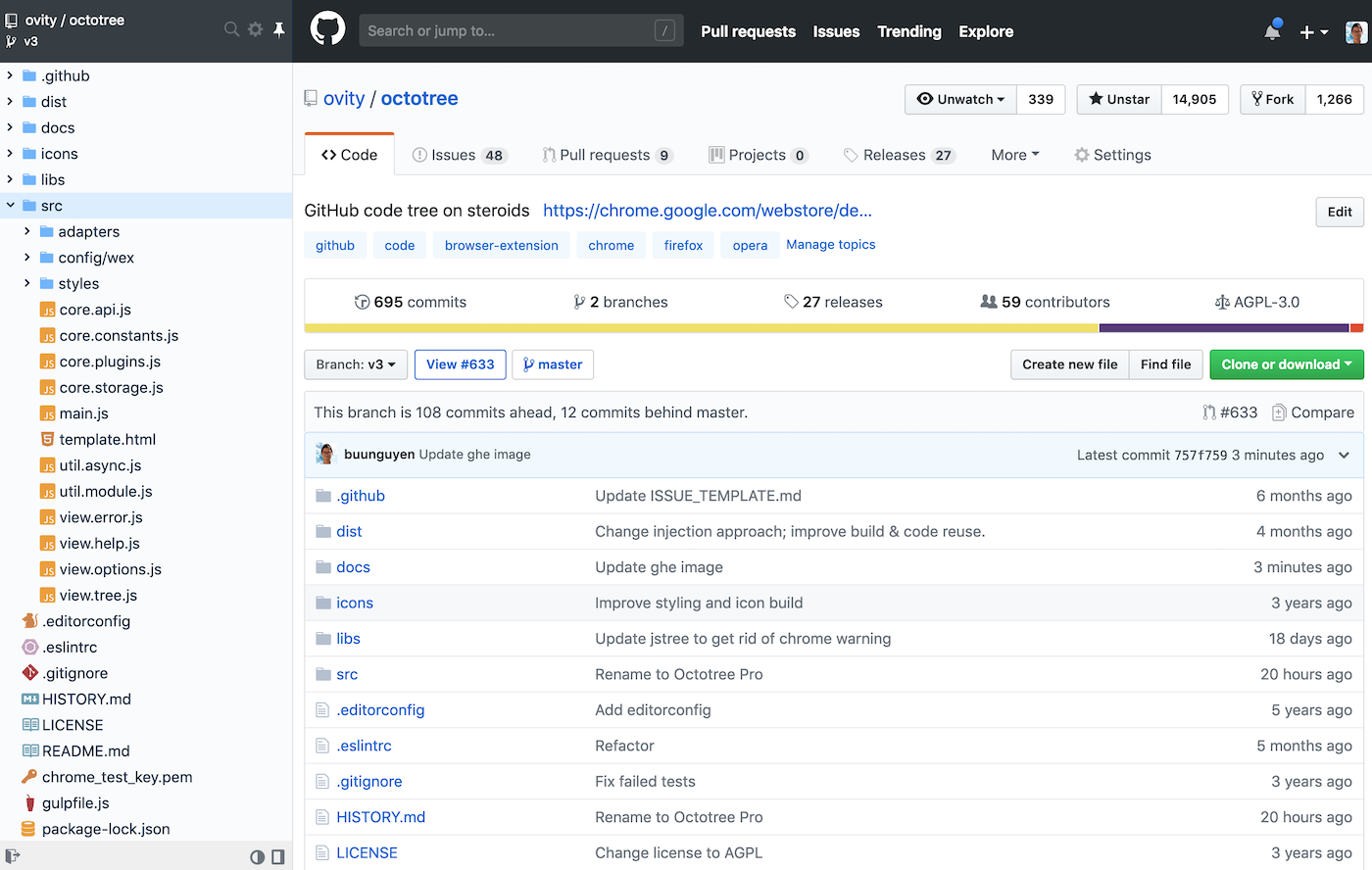 A GitHub repository with the Octotree sidebar open to the left