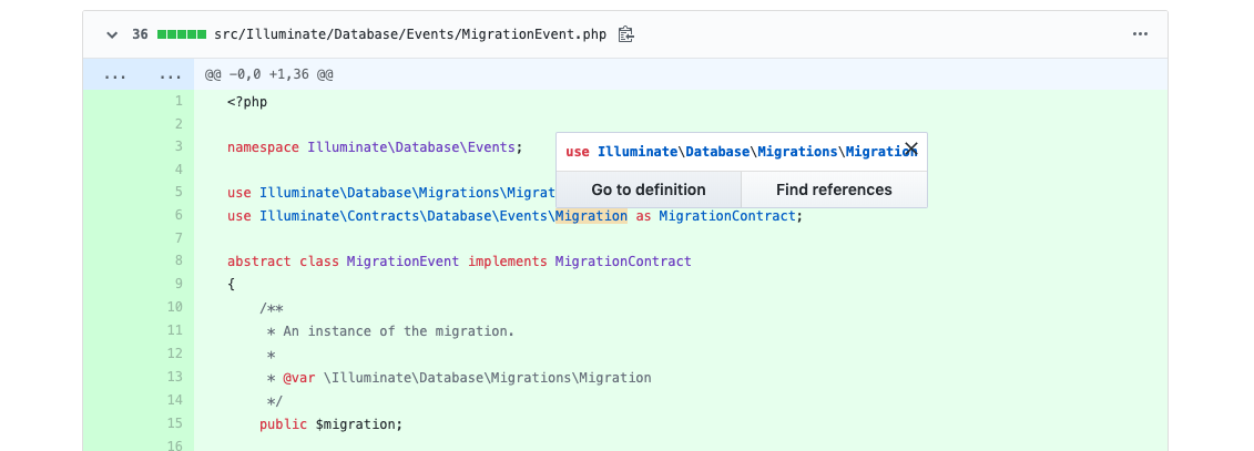 Source code in GitHub with a “Go to definition” and “Find references” button in a popover