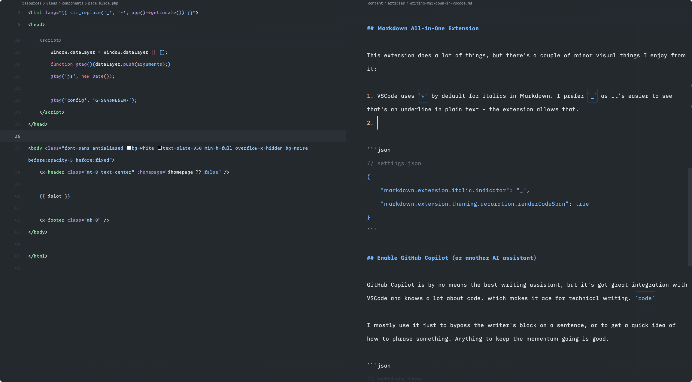 A screenshot of my real VSCode window showing code and markdown side-by-side