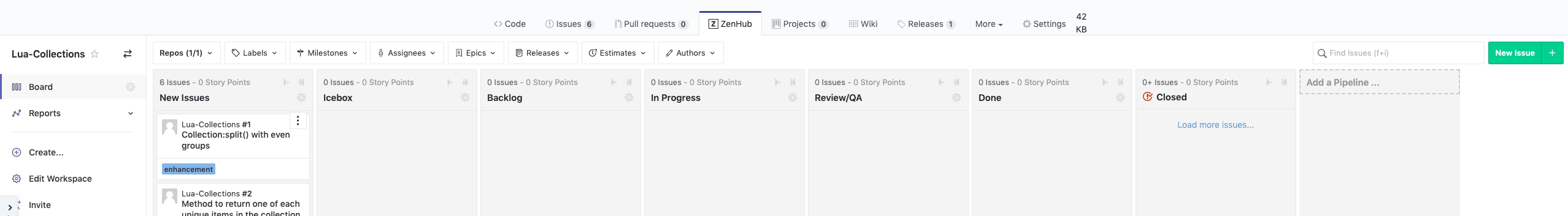 Kanban board in a GitHub repository’s tabs